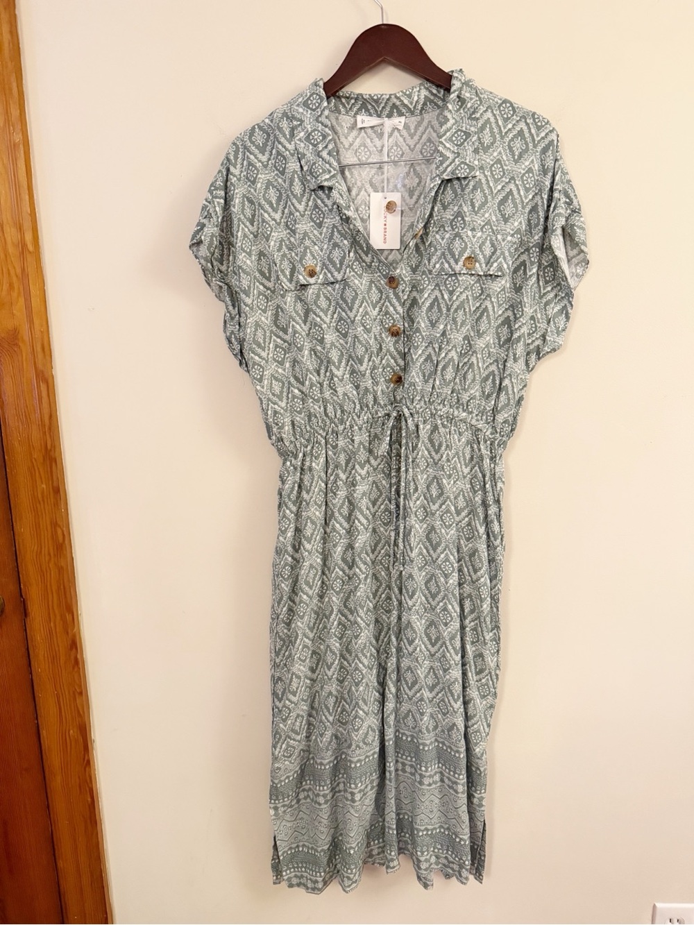 Lucky Brand Printed Drawstring Waist Midi Dress - Sage Green Size XL NEW